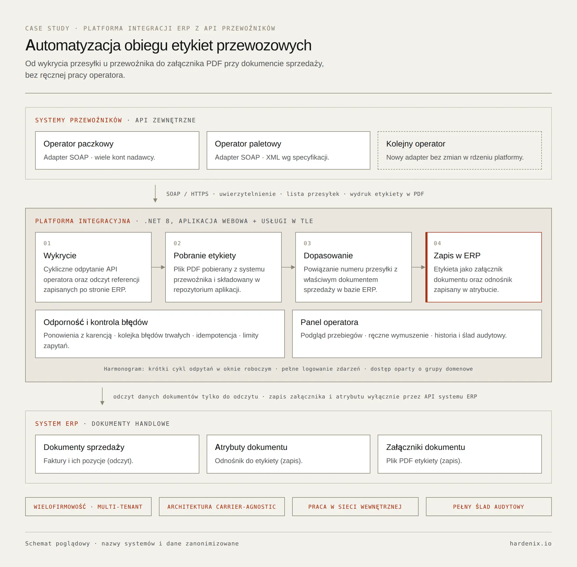 Schemat platformy: API różnych przewoźników, integracja .NET, dopasowanie etykiety do dokumentu oraz zapis w systemie ERP.