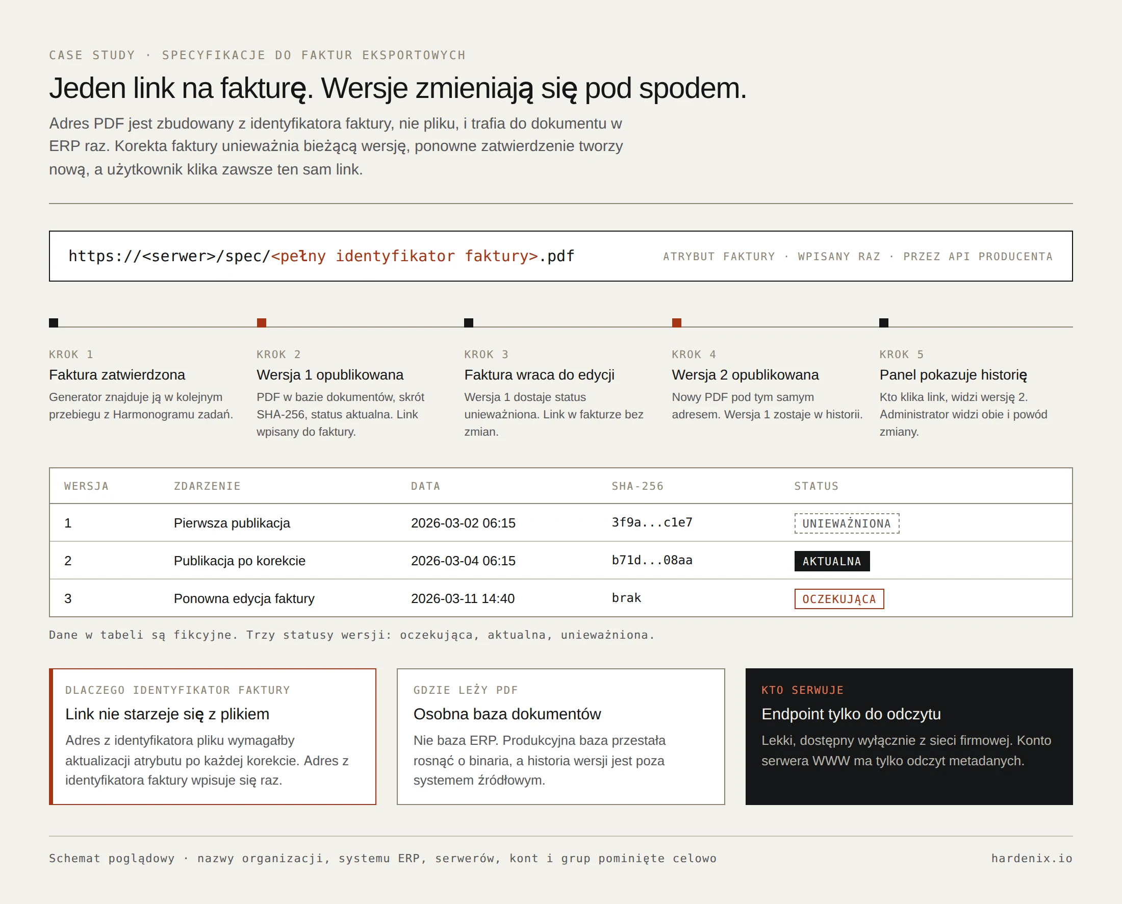 Schemat stałego linku i wersji specyfikacji: adres PDF zbudowany z identyfikatora faktury, oś pięciu kroków od zatwierdzenia faktury przez korektę do drugiej wersji, tabela wersji ze statusami oczekująca, aktualna, unieważniona.